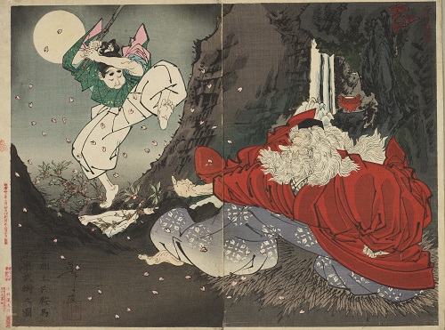 芳年漫画　舎那王於鞍馬山学武術之図